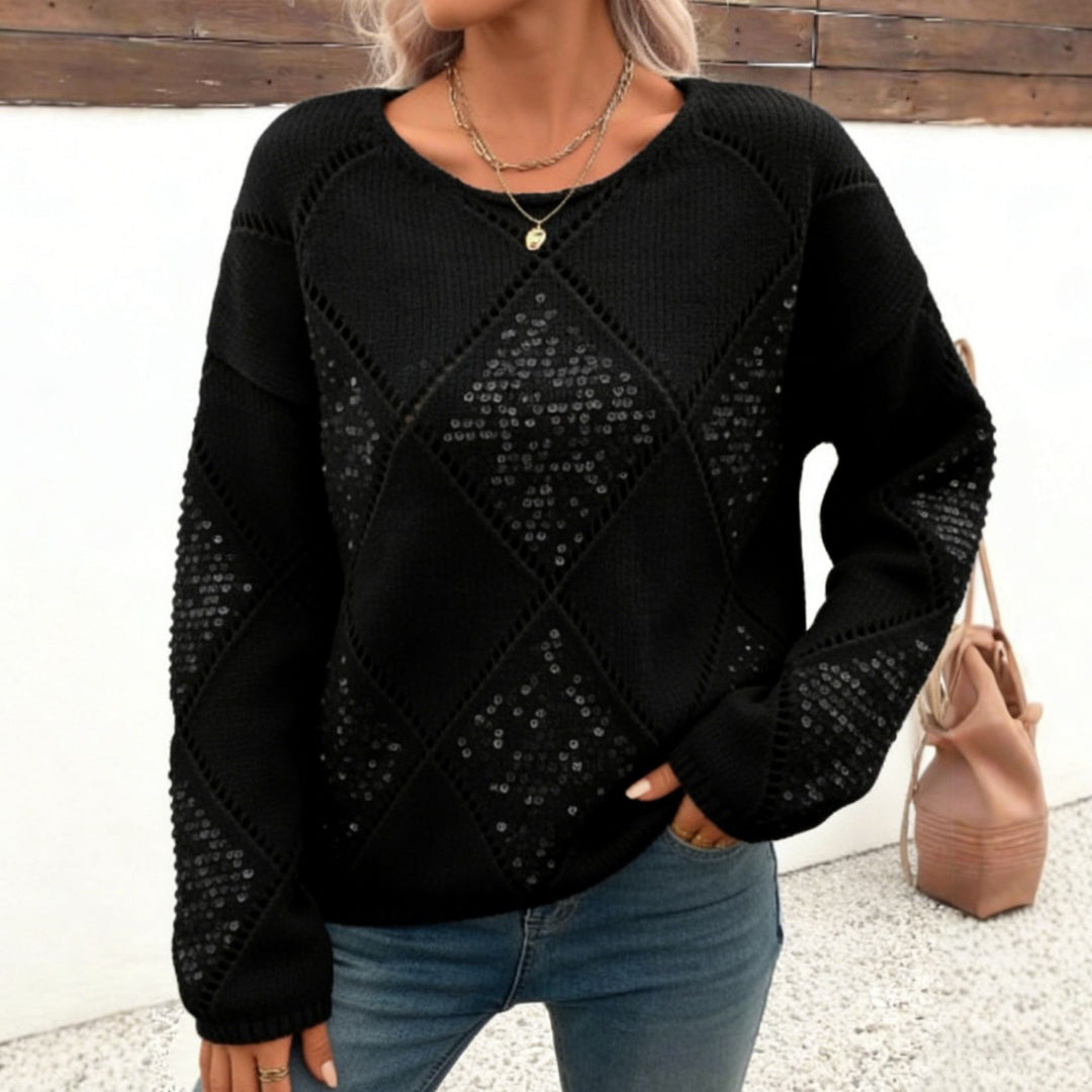 Damen Grobgestrickter Oversize-Pullover mit Ajour‑Rautenmuster und Pailletten Drune