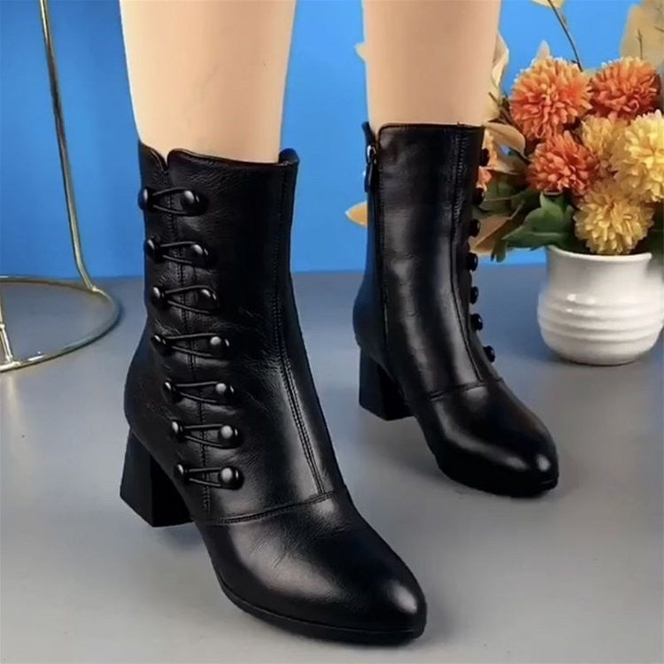 Damen Vintage-inspirierte Ankle-Boots mit mittlerem Blockabsatz, Zierknopfreihe und Innenseiten-Reißverschluss Drune