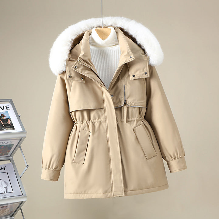 Damen funktionale Winterjacke mit abnehmbarer Kapuze und Kunstfellbesatz Drune