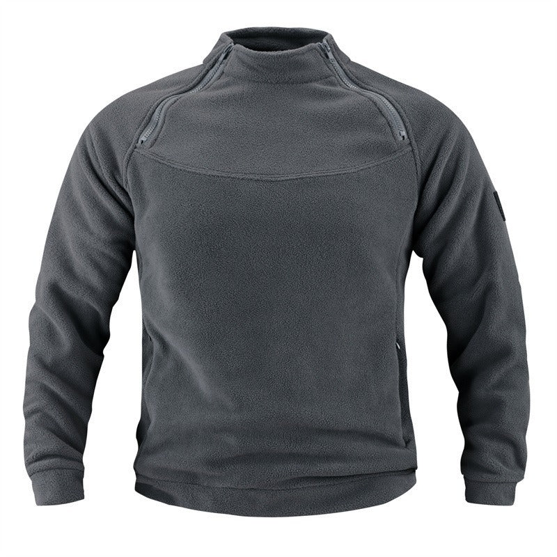 Herren taktischer Fleece-Pullover mit Schulterreißverschlüssen, Kinnschutz und Klettpanel Drune