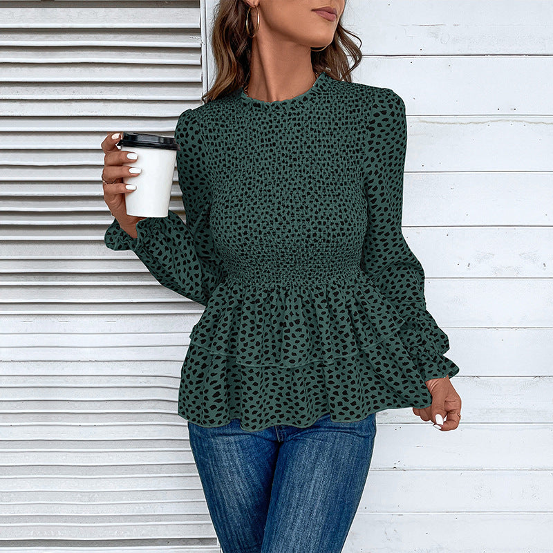 Damen Gesmokte Volant-Bluse mit Rüschen-Taille und langen Ärmeln Drune