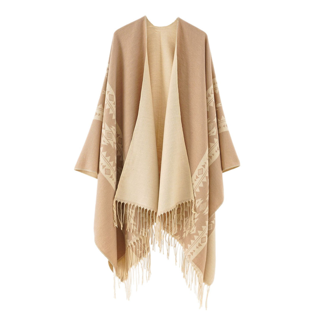 Damen Oversize Fransen-Poncho aus Jacquard-Baumwollmischung Drune