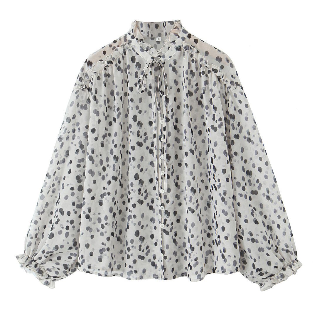 Damen nan Chiffonbluse mit Volant-Stehkragen, Bindeband, Knopfleiste und ballonförmigen Ärmeln Drune