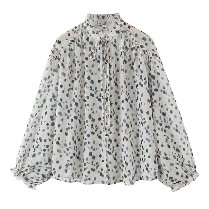 Damen nan Chiffonbluse mit Volant-Stehkragen, Bindeband, Knopfleiste und ballonförmigen Ärmeln Drune