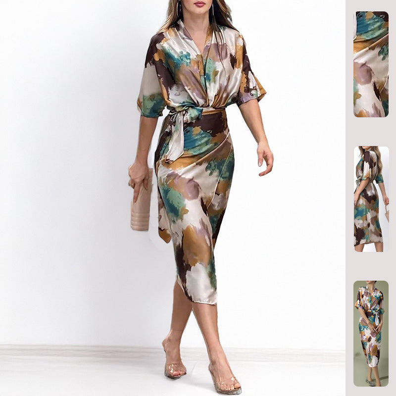 Damen Wickelkleid mit elegantem Kimono-Ärmel und Taillengürtel Drune