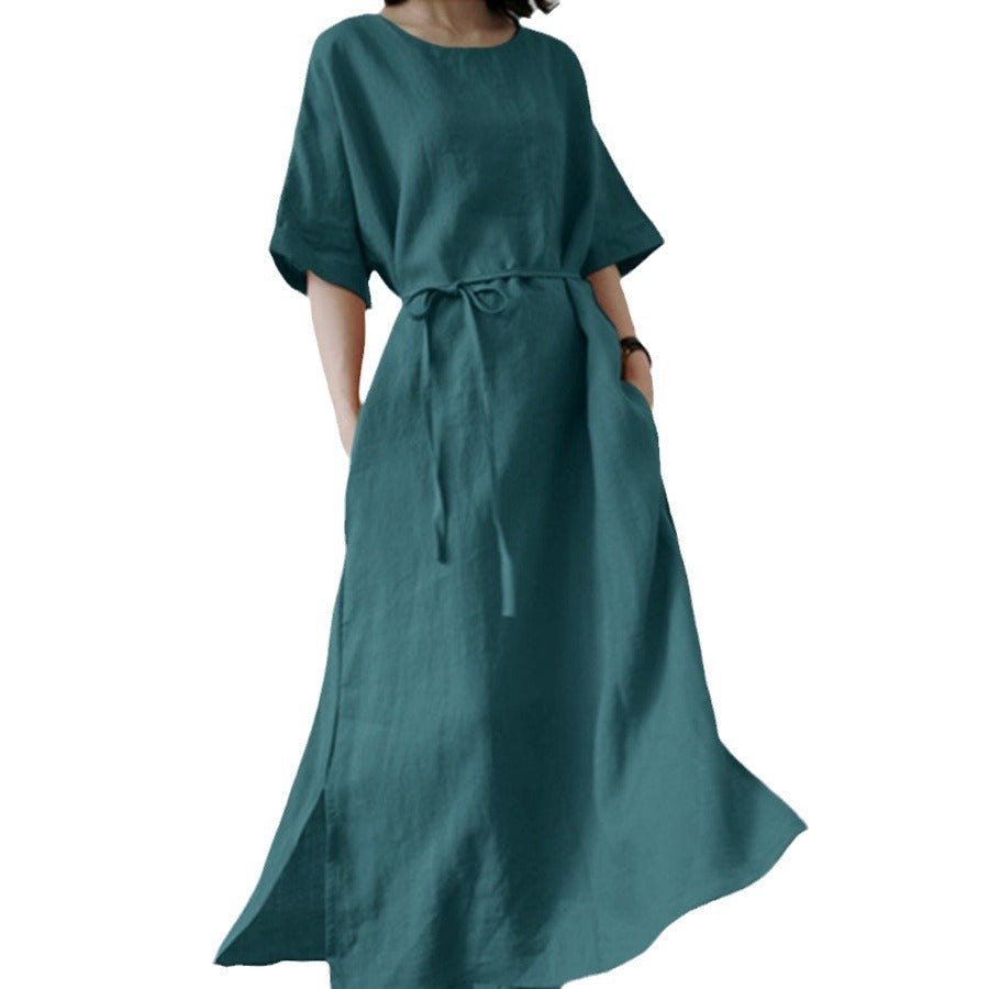 Damen Leinenmaxikleid mit weit geschnittenen Ärmeln und Taillengürtel Drune