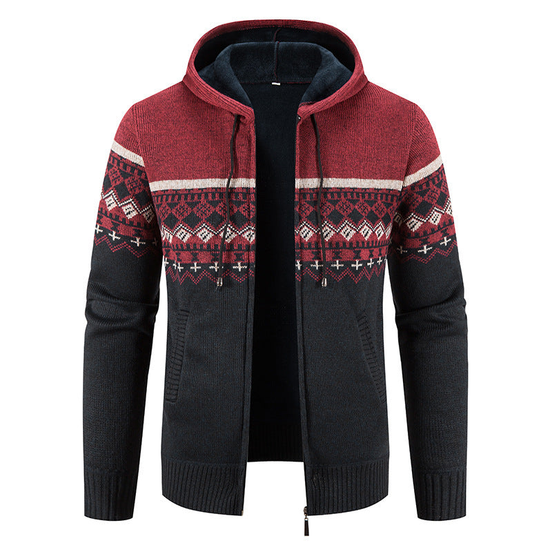 Herren nan gefütterte Strick-Zipjacke im Norwegerstil mit Kapuze und Thermofleece Drune