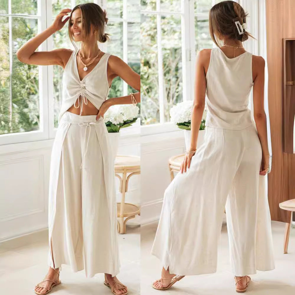 Damen Zweiteiliges Set mit Cropped Top und weiten Hosen Drune