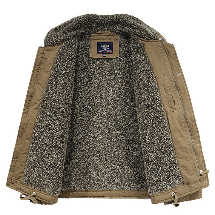 Herren Canvas-Workerjacke mit durchgehendem Teddyfutter, Stehkragen und Kordelzug Drune