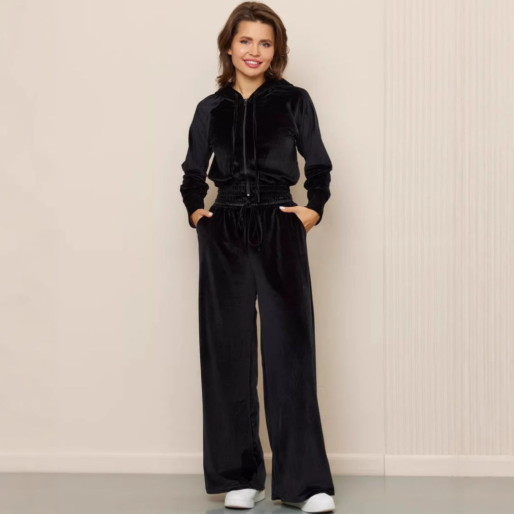 Damen luxuriöses Velours-Lounge-Set mit kurzem Reißverschluss-Hoodie und weitem Comfort-Hose Drune