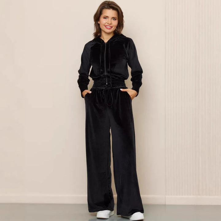 Damen luxuriöses Velours-Lounge-Set mit kurzem Reißverschluss-Hoodie und weitem Comfort-Hose Drune