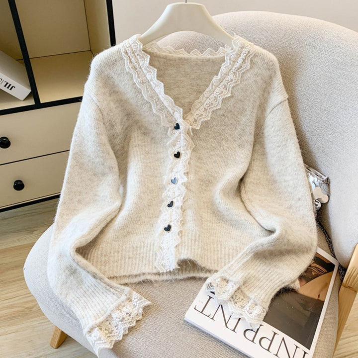 Damen Eleganter Strickpullover mit Spitzenverzierung Drune