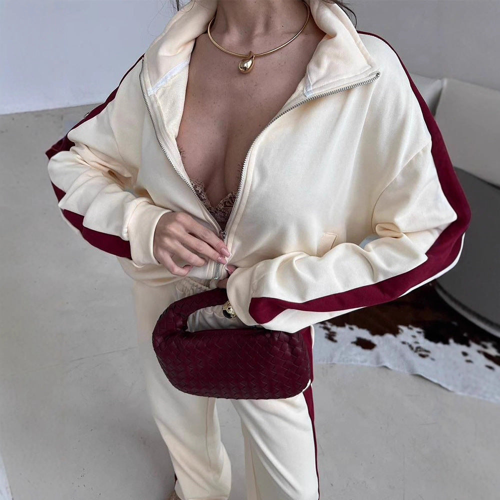 Damen weites Zip-Sweatset mit Kapuze, hohen Bund und seitlichem Kontraststreifen Drune
