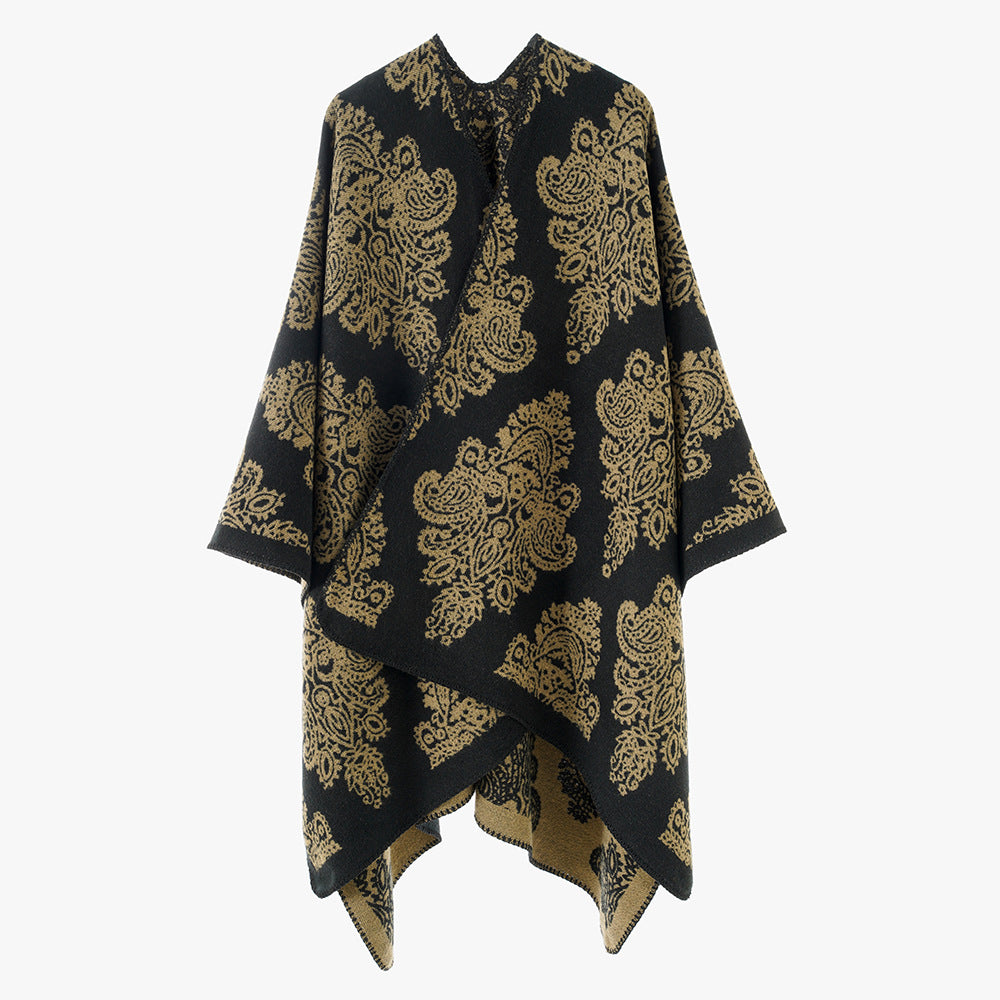 Damen Wollmix-Capeponcho mit beidseitigem Jacquard‑Paisley und kontrastierter Rollkante Drune