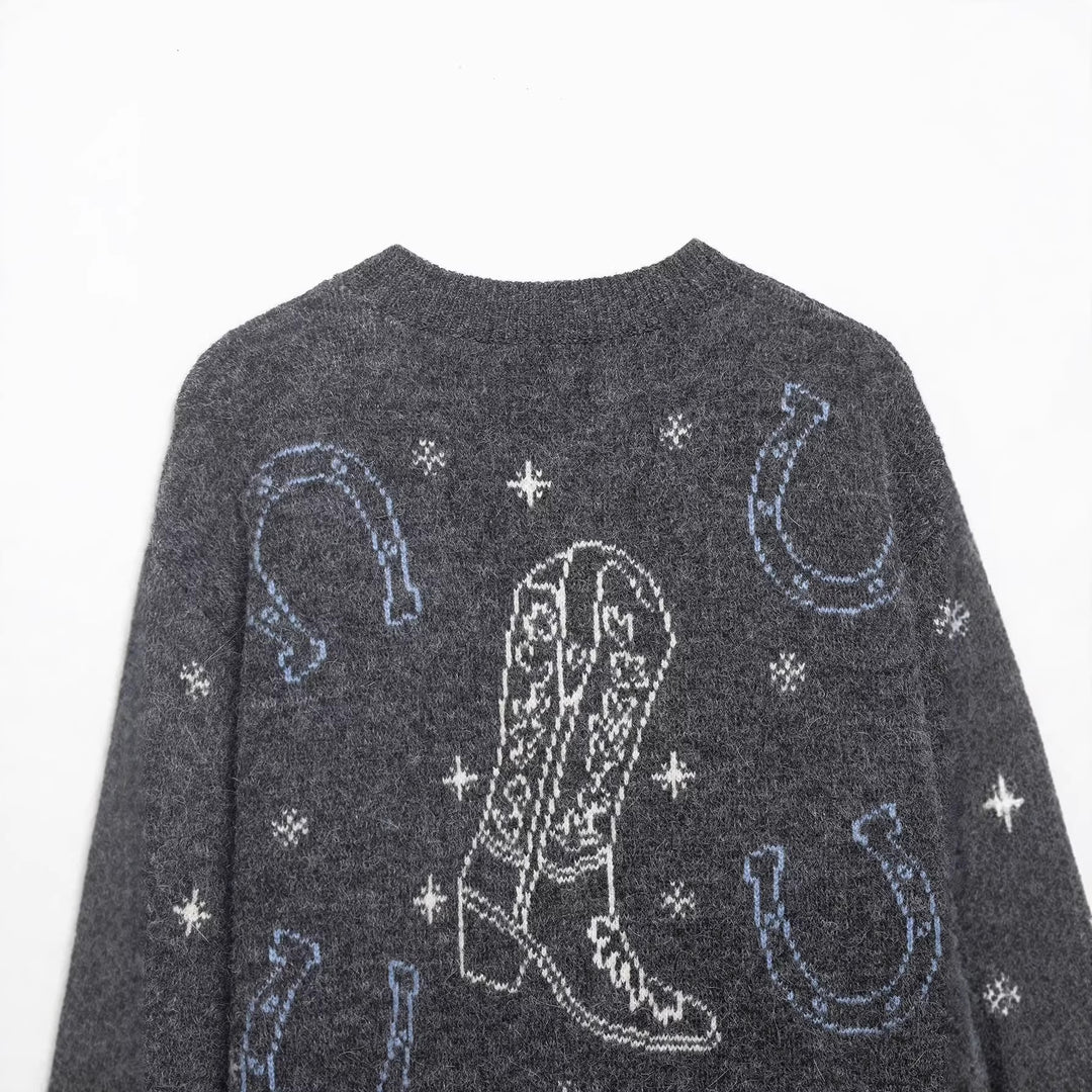 Damen Strickcardigan mit Pferde- und Hufeisen-Jacquard und Zierknöpfen Drune