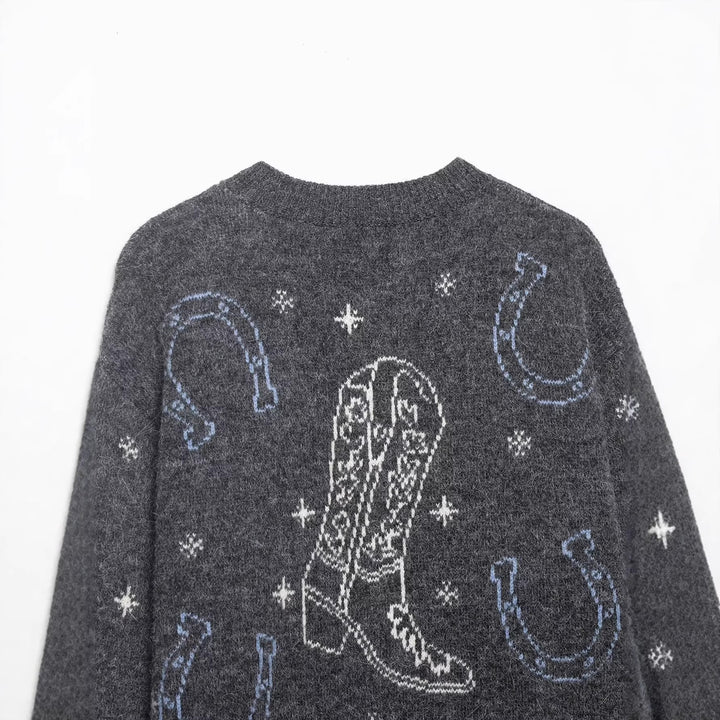 Damen Strickcardigan mit Pferde- und Hufeisen-Jacquard und Zierknöpfen Drune