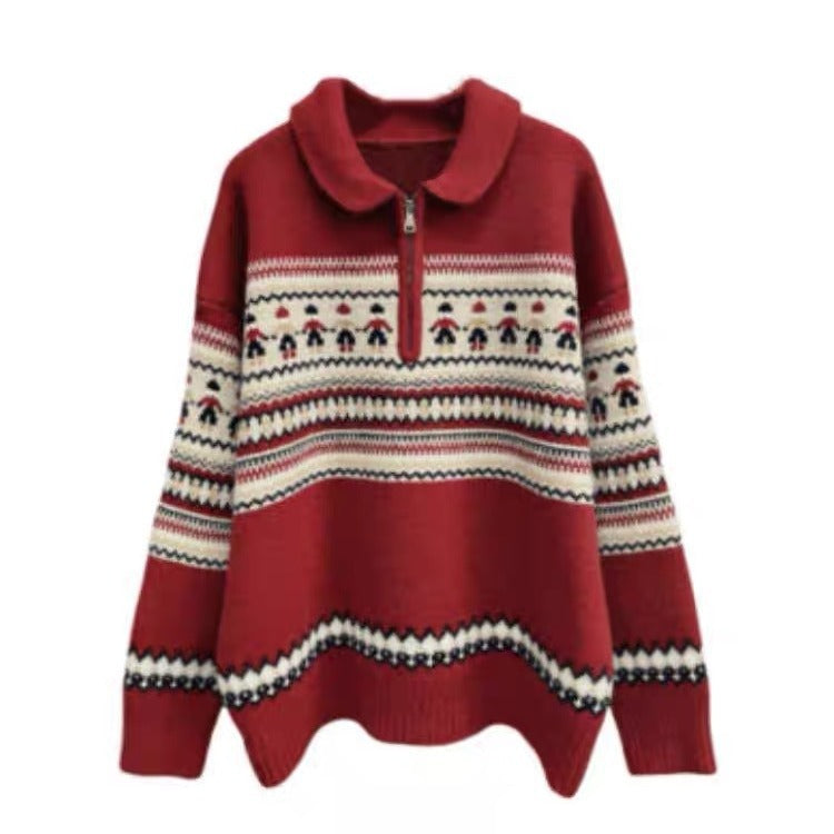 Damen Grobstrickpullover mit hohem Kragen und dekorativem Norweger-Muster Drune