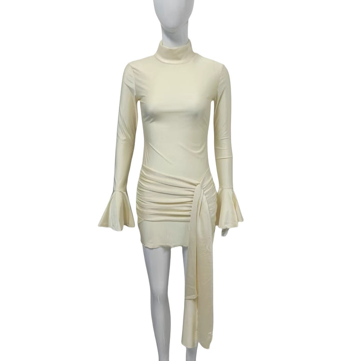 Damen Enganliegendes Mini-Kleid mit Rollkragen, Raffung, Bindeschal und Glockenärmeln Drune