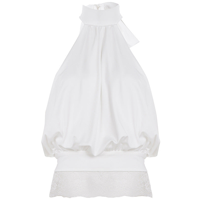 Damen sexy Haltertop mit Spitzenbesatz und Raffungen Drune