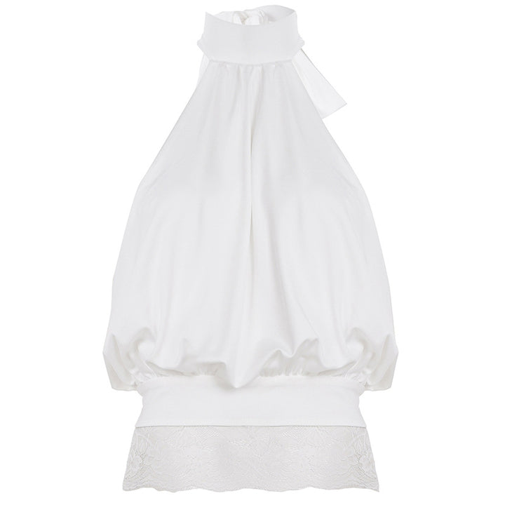 Damen sexy Haltertop mit Spitzenbesatz und Raffungen Drune