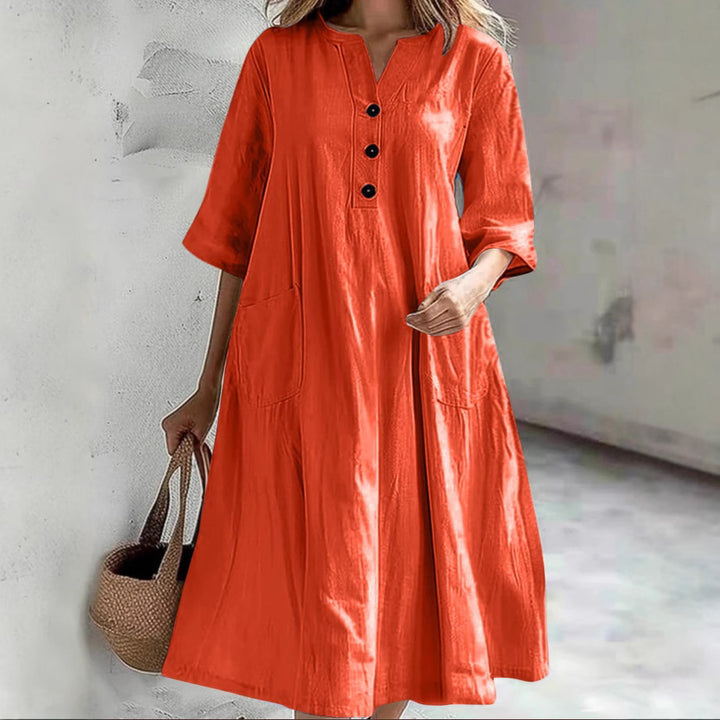 Damen nan locker fallendes A-Linien Kleid mit V-Ausschnitt-Knopfleiste, 3/4-Ärmeln und aufgesetzten Eingrifftaschen Drune