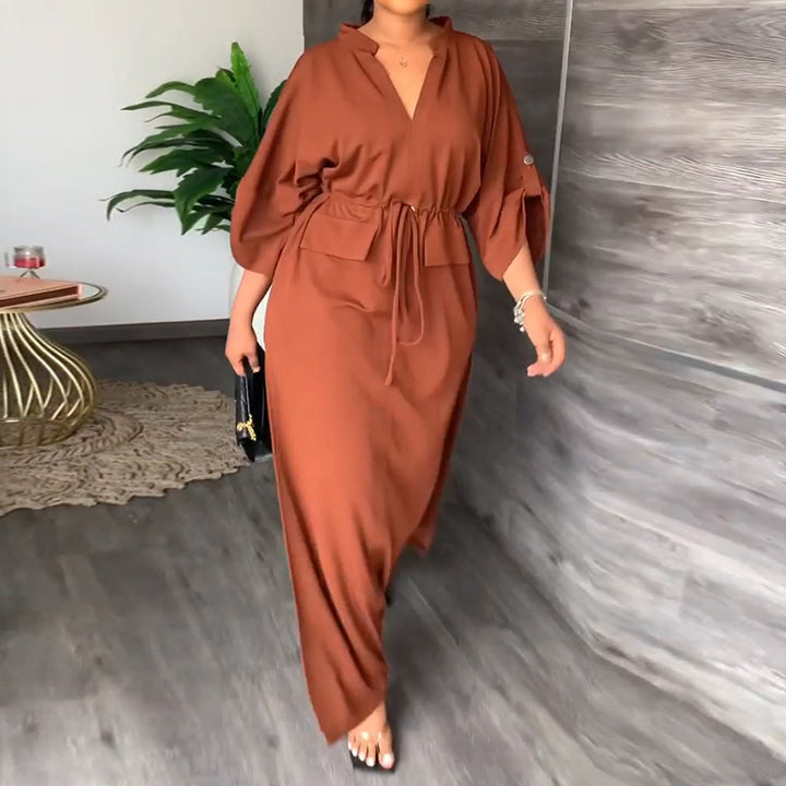 Damen Elegantes Maxikleid mit taillierbarem Gürtel und weit geschnittenen Ärmeln Drune
