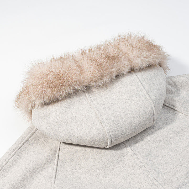 Damen Kurze Kapuzenjacke mit Kunstfellbesatz, Taschen und Taillenschleife Drune