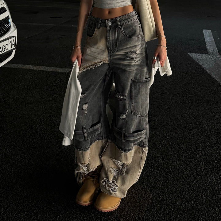 Damen Trendige Cargo-Jeans mit ausgefranstem Design und tiefem Schritt Drune
