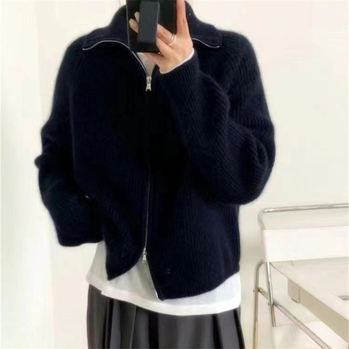 Damen lässiger Strickpullover mit halbhohem Kragen und Reißverschluss Drune