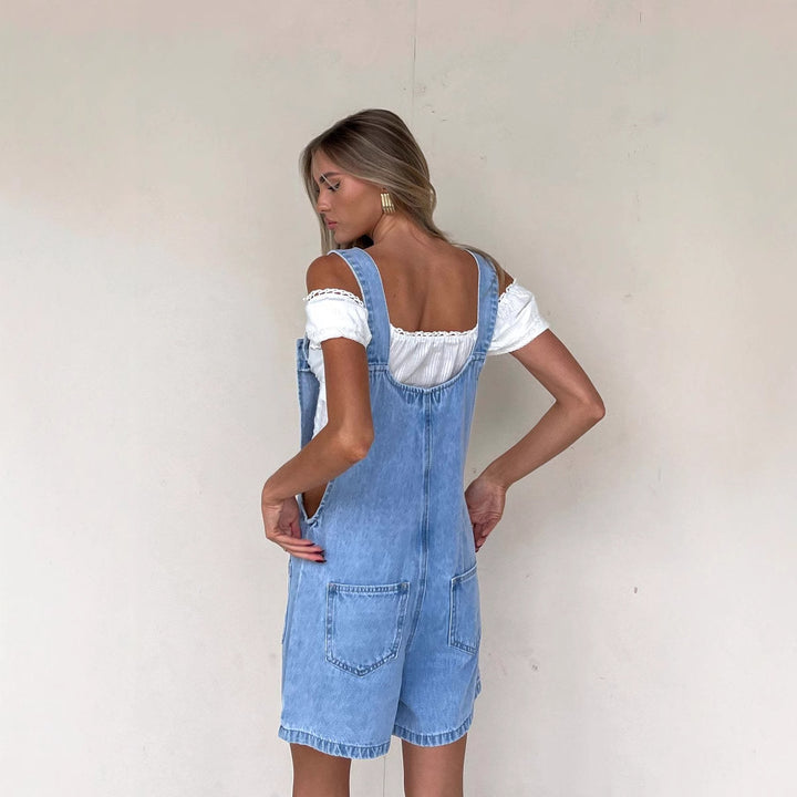 Damen Denim-Latzhose mit praktischen Taschen und knöpfbarem Design Drune