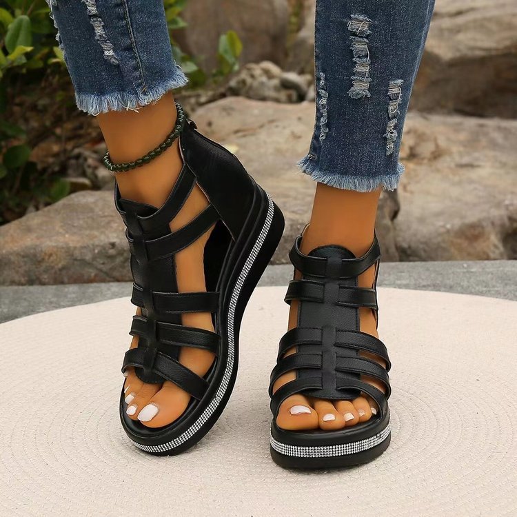 Damen Keil-Sandalen mit Gladiator-Riemen, Reißverschluss und gepolstertem Plateau Drune