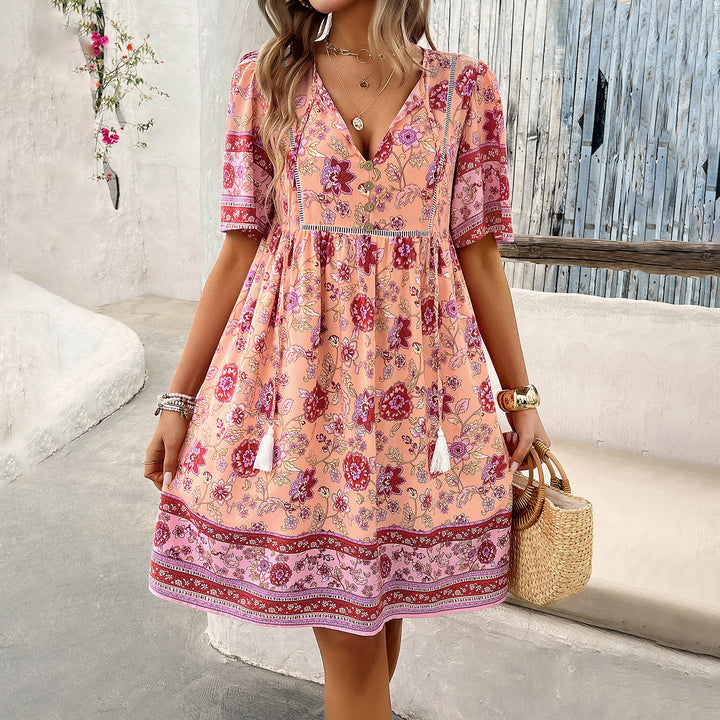 Damen Retro-Chic Kleid mit Blumenmuster und fließendem Rock Drune