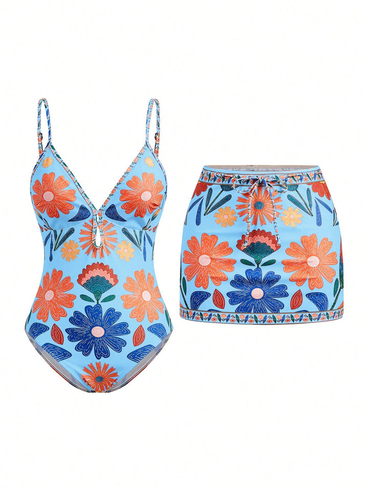 Damen Bikini-Set mit floralem Design und passendem Rock Drune