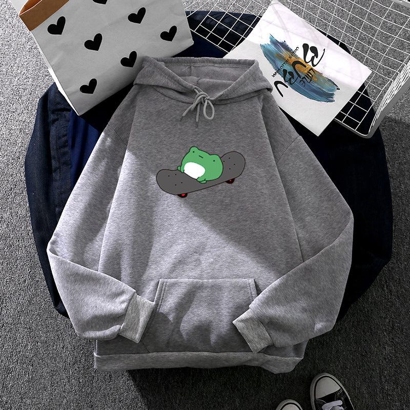 Unisex nan Kapuzenpullover mit Skater-Frosch-Print, weichem Fleece-Innenfutter und Kängurutasche Drune