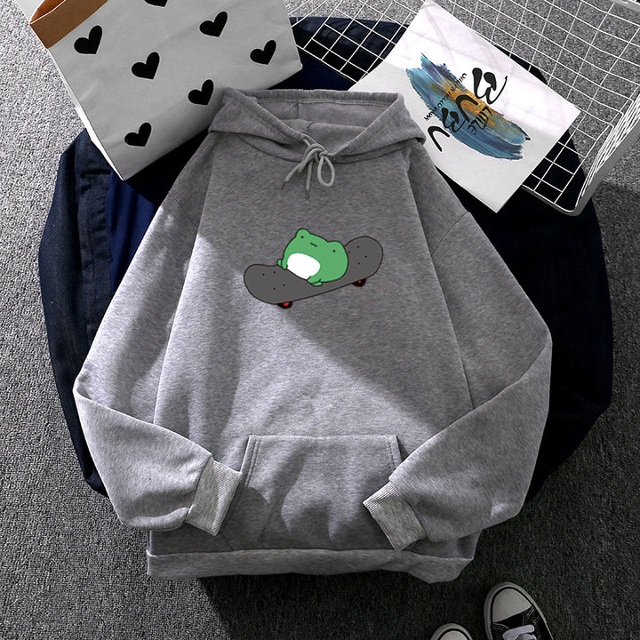 Unisex nan Kapuzenpullover mit Skater-Frosch-Print, weichem Fleece-Innenfutter und Kängurutasche Drune
