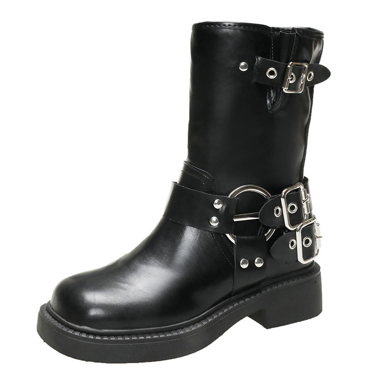 Damen Stiefel mit modischen Schnallen und rutschfester Sohle Drune