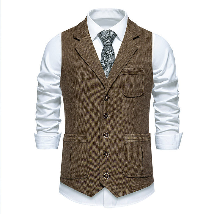 Herren Tweed‑Weste mit Fischgrätmuster, Reverskragen und aufgesetzten Taschen Drune