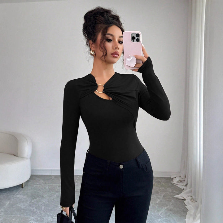 Damen nan figurbetonter Langarm-Body mit Leopardenprint und Zier-Ring Drune