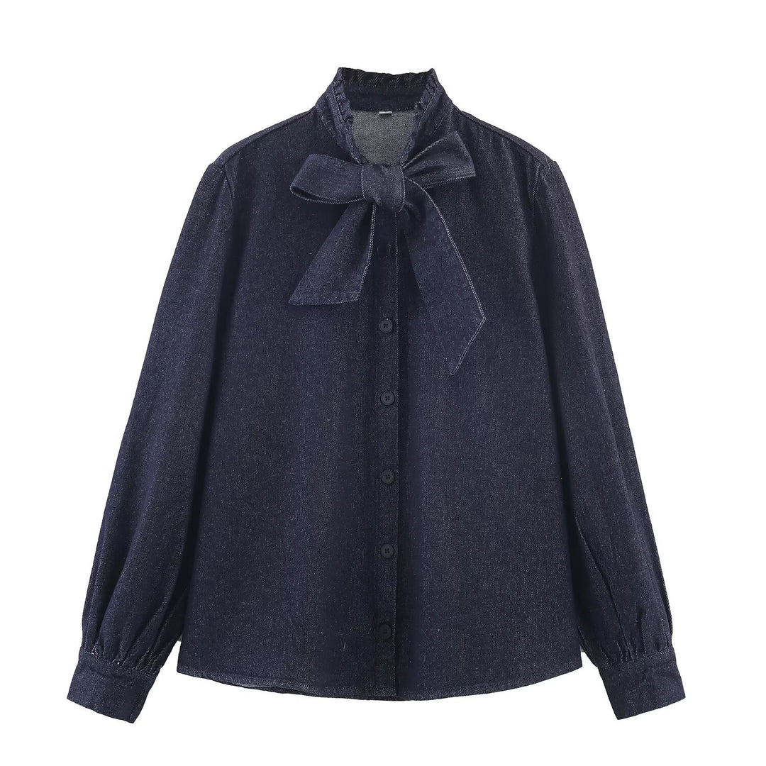 Damen Schimmernde Bluse mit Schleifenkragen und Knopfleiste Drune