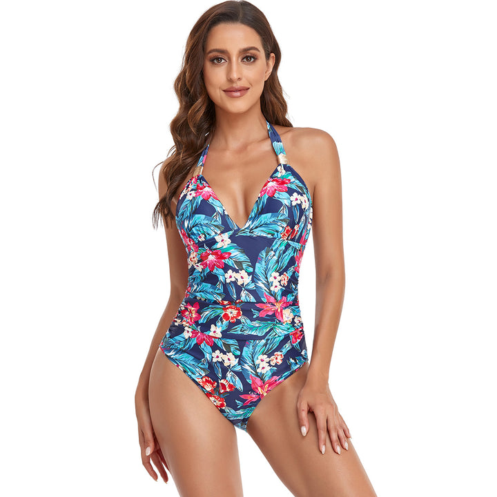 Damen einteiliger Badeanzug mit elegantem V-Ausschnitt und floralen Akzenten Drune