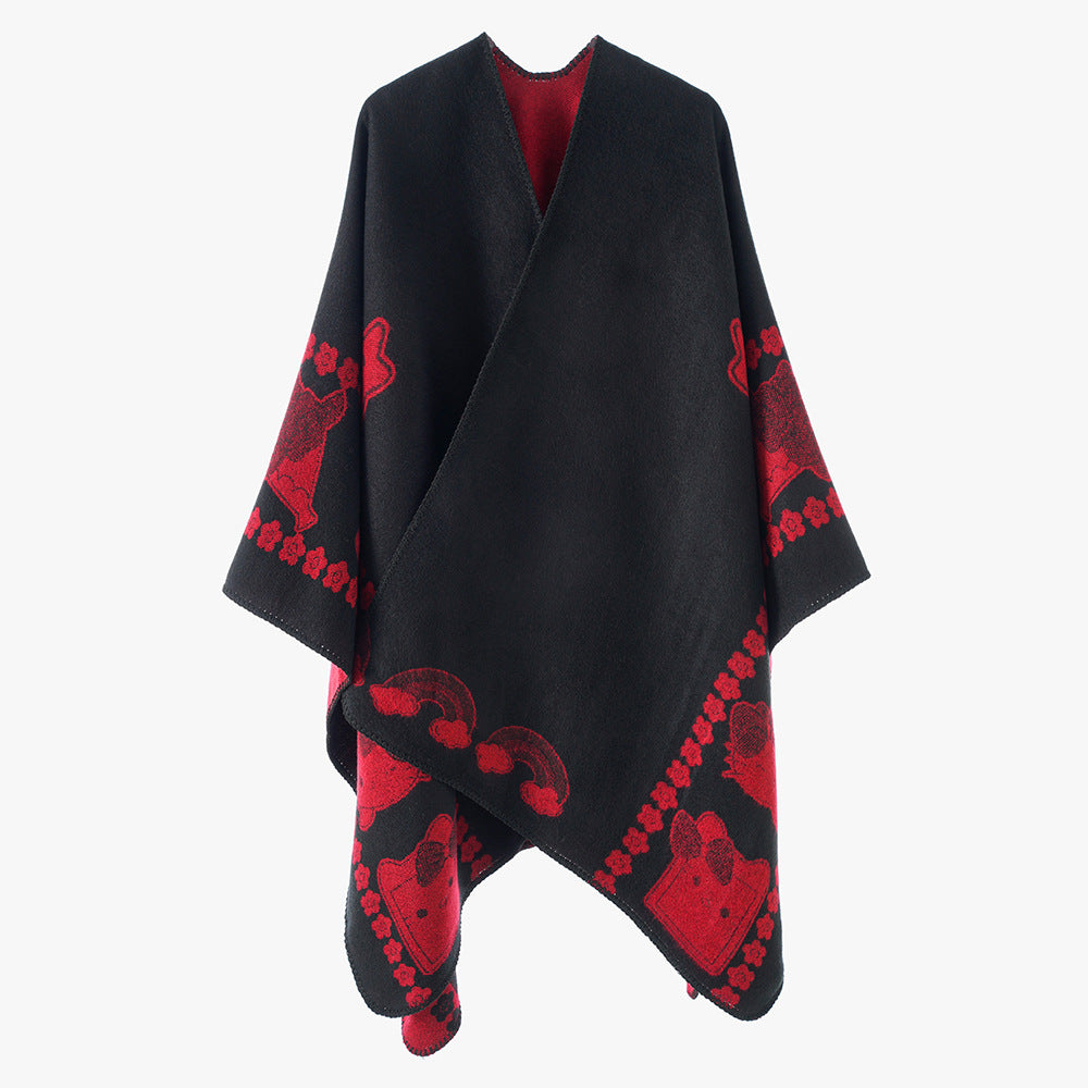 Damen Oversize-Poncho mit Jacquard‑Tiermotiv und asymmetrischem Zipfelsaum Drune