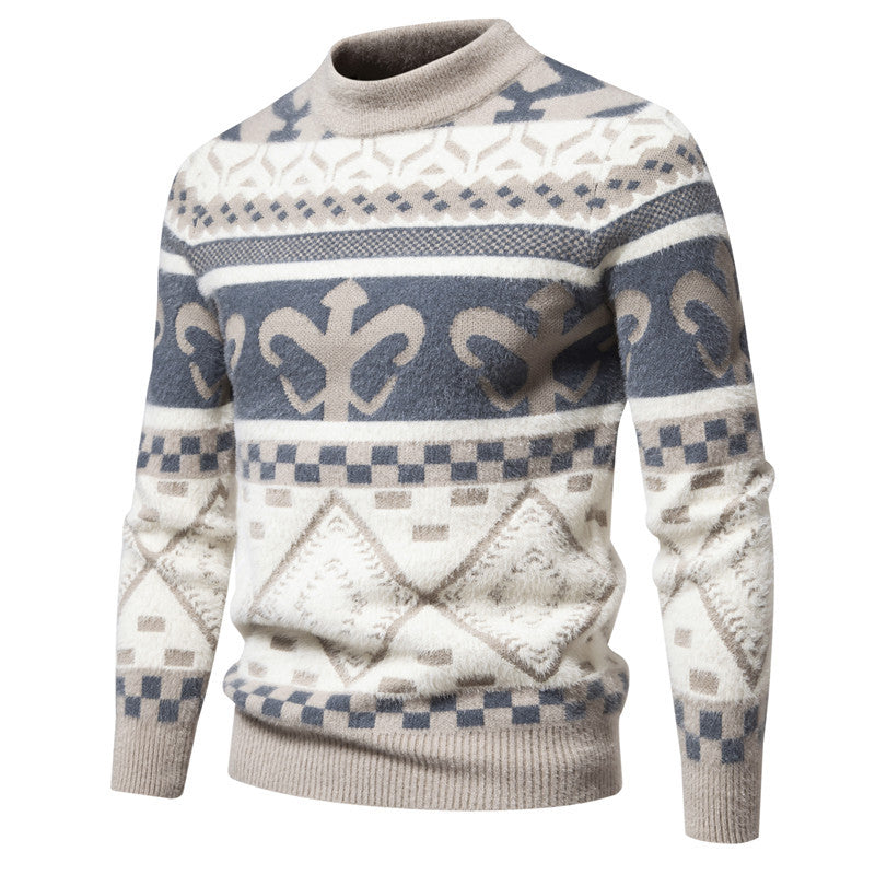 Herren Feinstrick-Mockneck-Pullover mit Jacquardmuster und gerippten Bündchen Drune