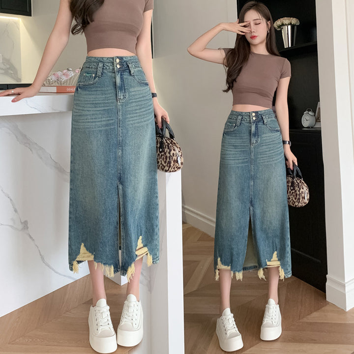 Damen Langer Denimrock mit seitlichem Schlitz und fransigem Saum Drune