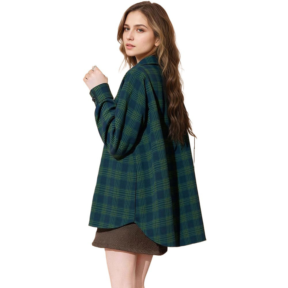 Damen oversized Karo-Hemdjacke mit fallendem Saum und geknöpften Manschetten Drune