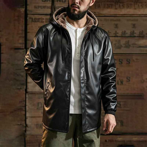Herren Modische Kunstlederjacke mit Kapuze und Fleecefutter Drune