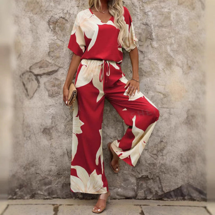 Damen luftiger Hosenanzug mit floralem Print und elastischem Bund Drune