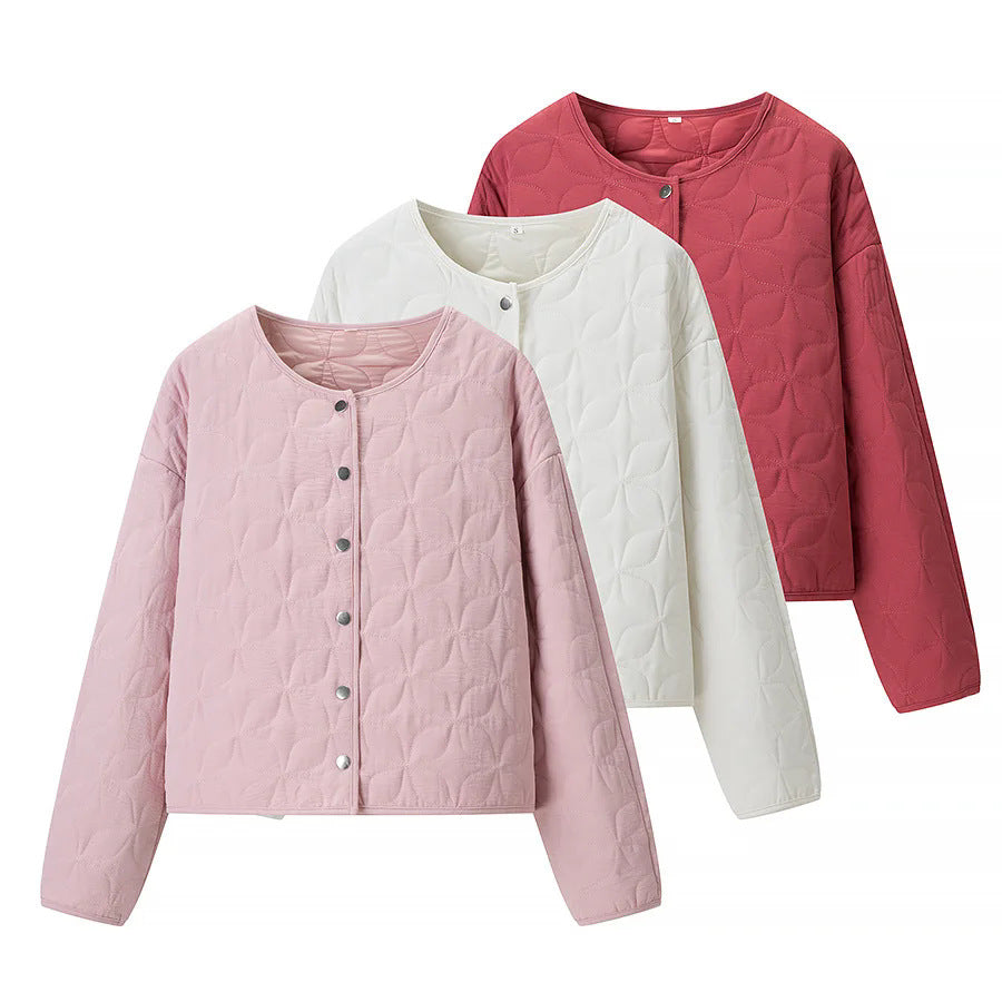Damen nan gesteppte Boxy-Übergangsjacke mit floraler Steppstruktur, leicht wattiertem Innenfutter und Druckknopfleiste Drune