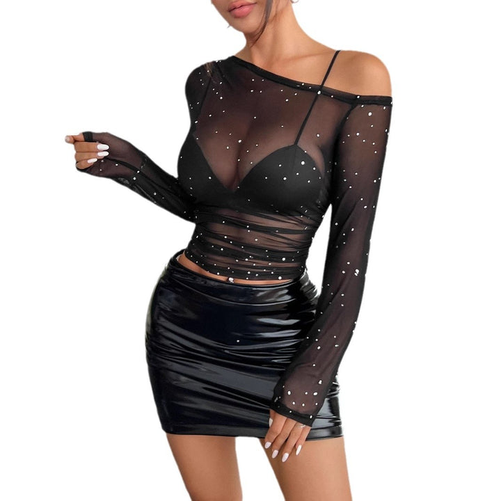 Damen nan asymmetrisches Mesh-Crop-Top mit integriertem Bustier, Raffung und Strassbesatz Drune