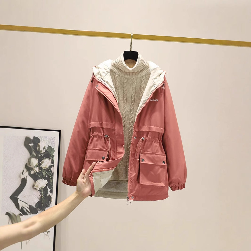 Damen gefütterte Parka-Jacke mit Kapuze und verstellbarem Taillenzug Drune