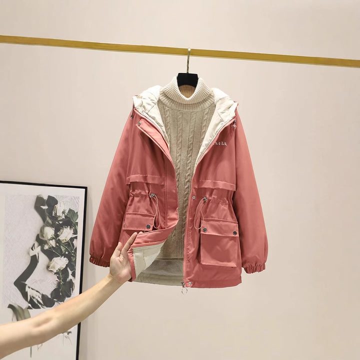 Damen gefütterte Parka-Jacke mit Kapuze und verstellbarem Taillenzug Drune